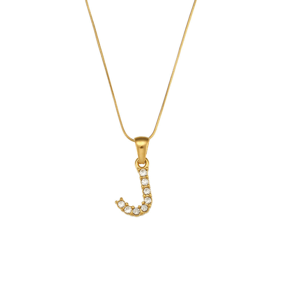Fashion Minimalist Letter Pendant Necklace in Stainless Steel with 18K Gold Plating and Cubic Zirconia on Thin Snake Chain for Women