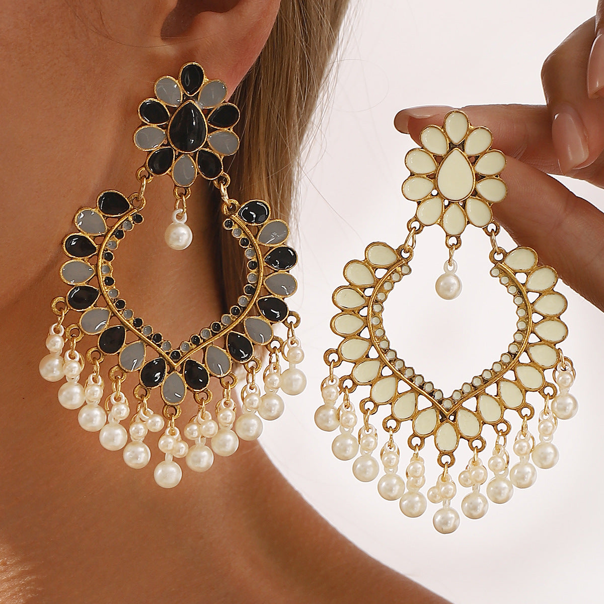 Vintage Palace Style Geometric Resin Post Enamel Earrings with Pearl Tassels for Women