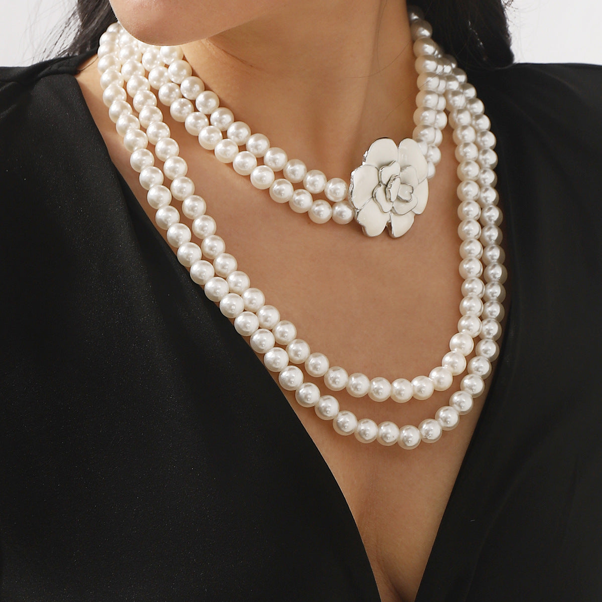 Fashionable Camellia Flower Pendant Necklace with Simulated Pearls and Alloy, Enamel Finish, Long Layered Sweater Chain for Women