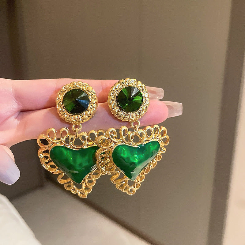 Vintage Green Rhinestone Butterfly Pearl Earrings with Stainless Steel Posts for Women