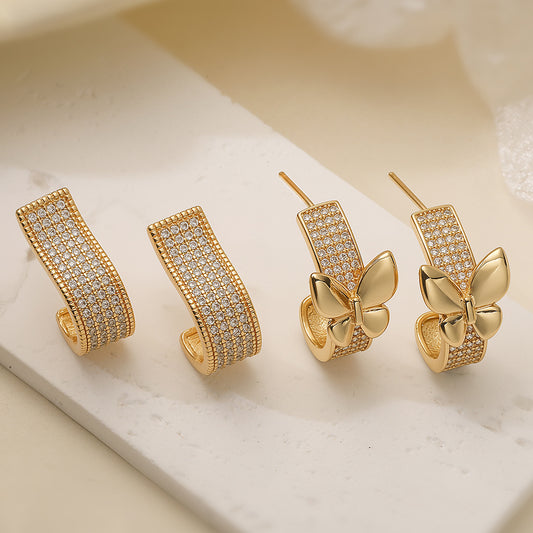 Minimalist Luxury Geometric Butterfly Brass Gold Plated Cubic Zirconia Stud Earrings for Women