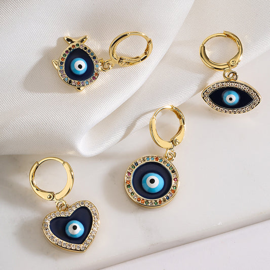 Geometric Blue Eye Earrings for Women with Copper Base Plated in 18K Gold and Enamel Finish