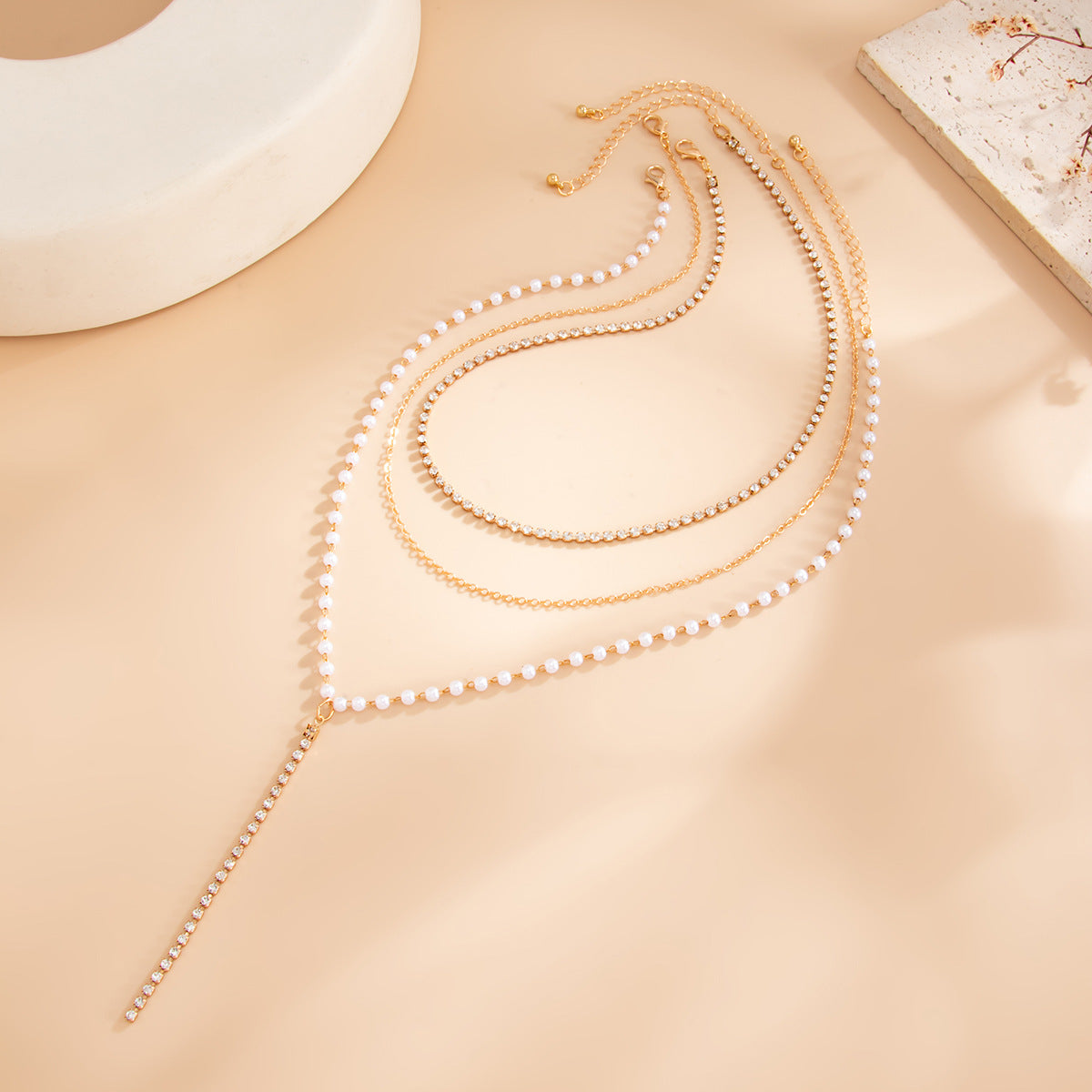 Elegant Geometric Multi-Layer Y-Necklace with Faux Pearl and Rhinestone Inlay Plated Iron Pendant Cable Chain for Women
