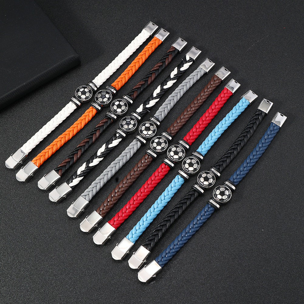 Pulsera unisex de cuero con diseño geométrico pulido y elemento luminoso de balón de fútbol