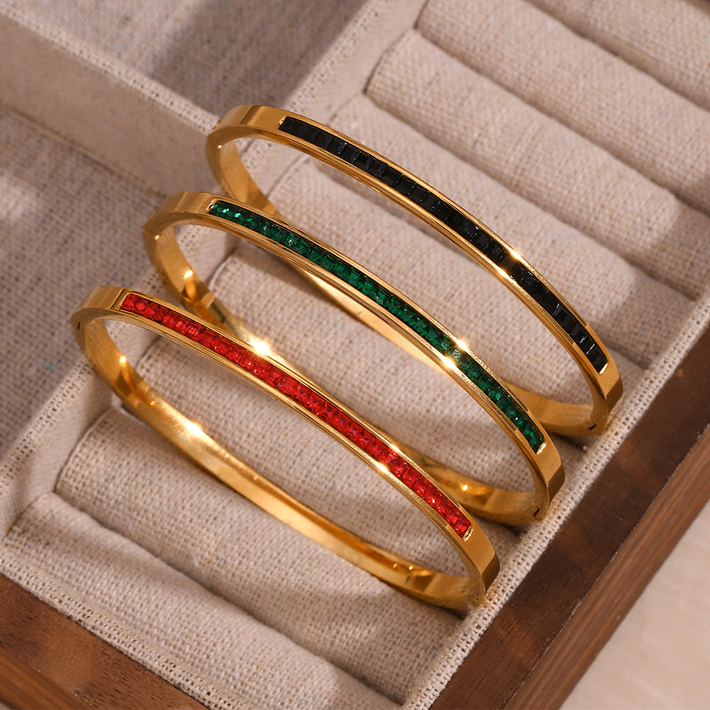 Minimalist Elegant 18K Gold Plated Stainless Steel Geometric Rhinestone Bangle for Women