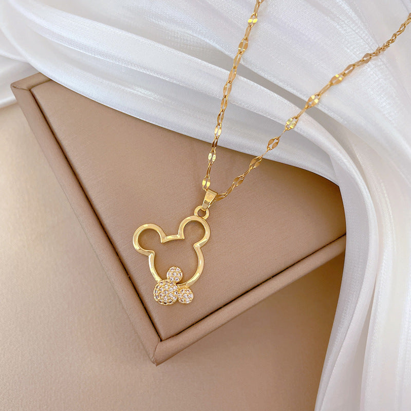 Collana con ciondolo di lusso Sweet Geometric Mickey per unisex, catena in acciaio al titanio con intarsio di strass