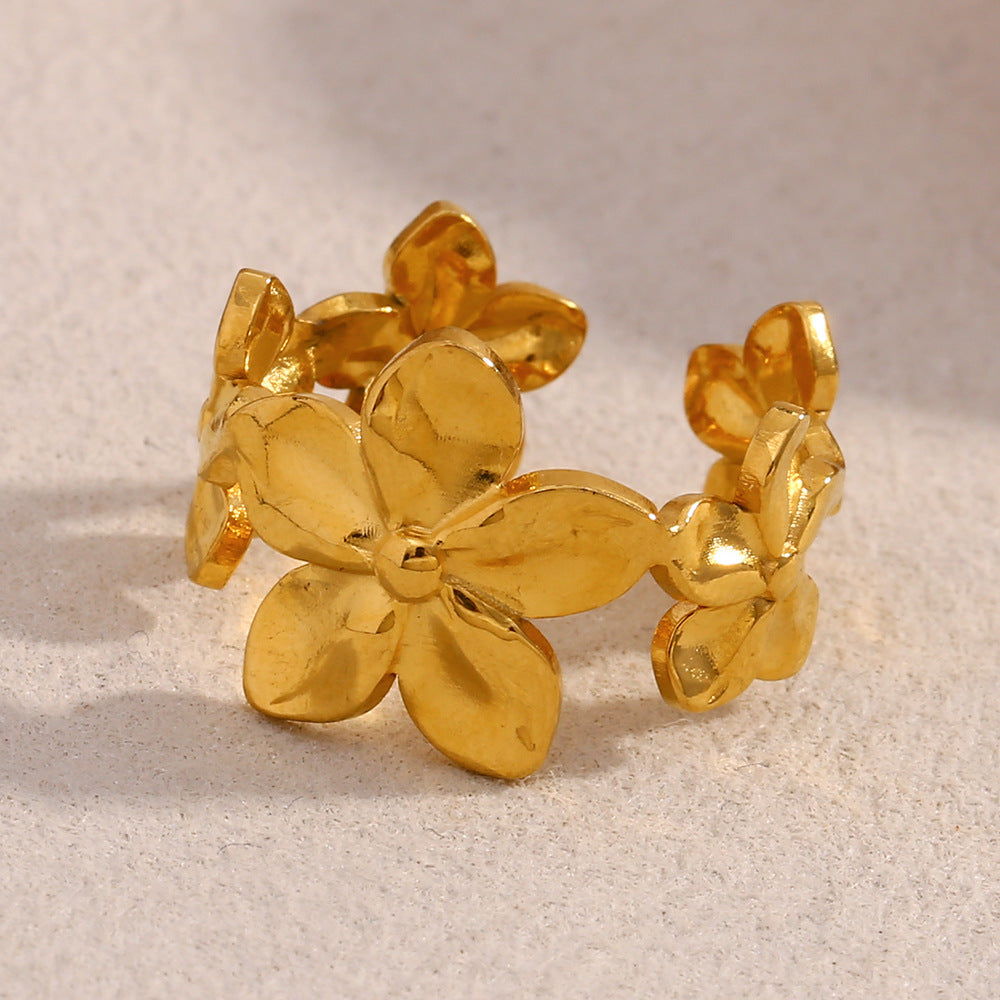Fashionable Floral Open Ring in Stainless Steel with 18K Gold Plating for Women