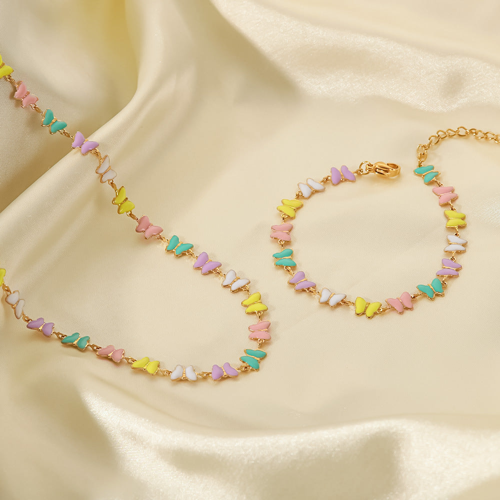 Fashionable Ins Style 18K Gold Plated Stainless Steel Enamel Butterfly Necklace Set for Women