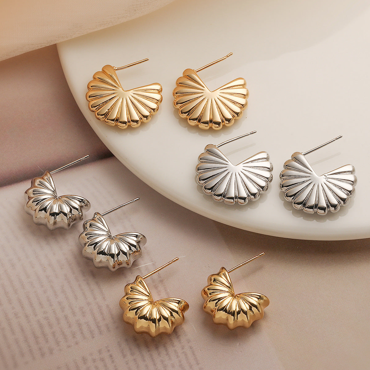 Irregular Geometric Copper Earrings with Real Gold Plating for Women, Fashionable Vintage-Style Studs