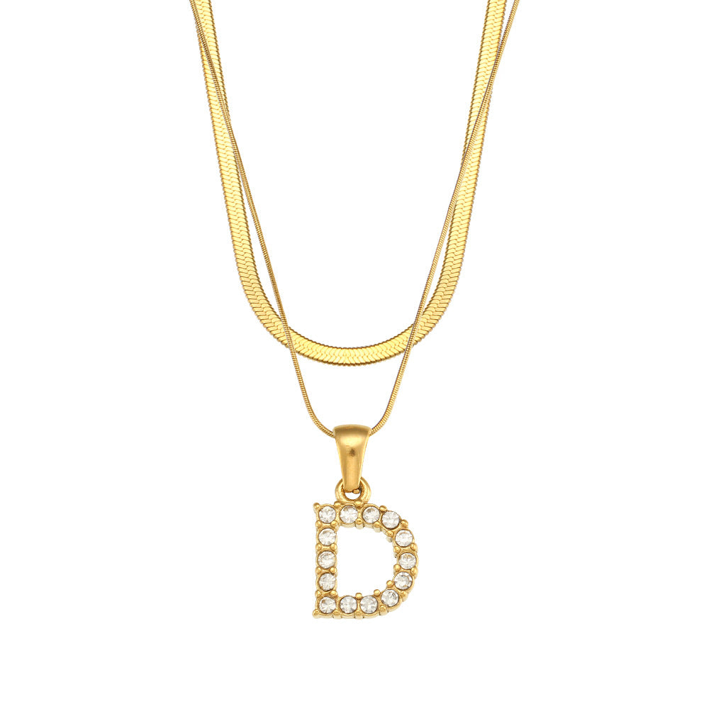 Fashionable Minimalist Letter Pendant Necklace in Stainless Steel with 18K Gold Plating and Cubic Zirconia on Double Snake Chain for Women