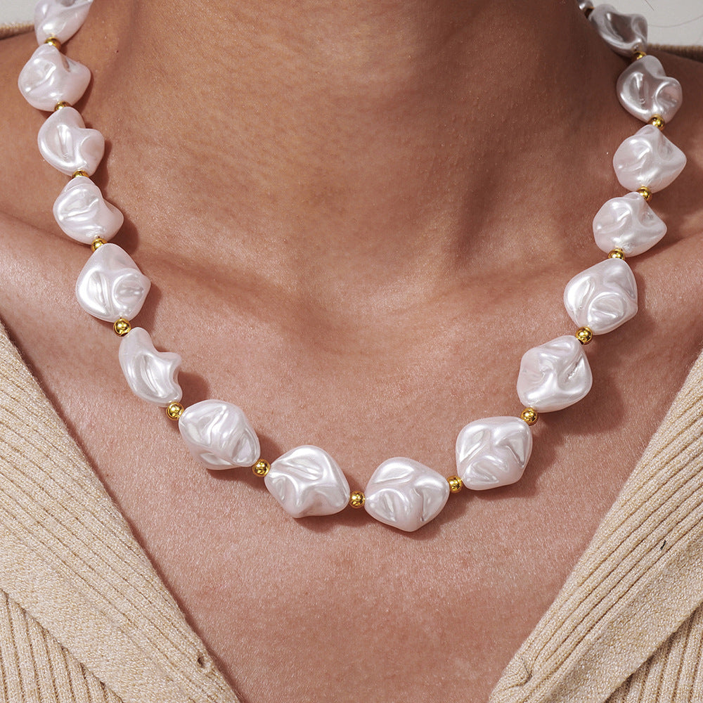 Irregular Baroque Style Imitation Pearl Necklace with Geometric Shape Alloy Chain for Women