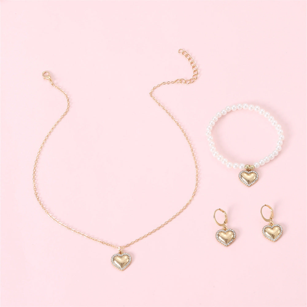 Juego de collar de metal con forma de corazón vintage con colgante y pendientes para niñas