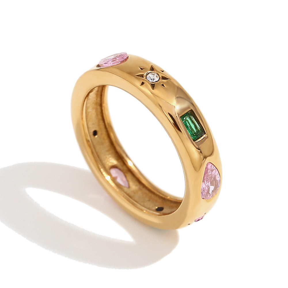 Minimalist Geometric Stainless Steel Ring with 18K Gold Plating and Colorful Zirconia Drops for Women