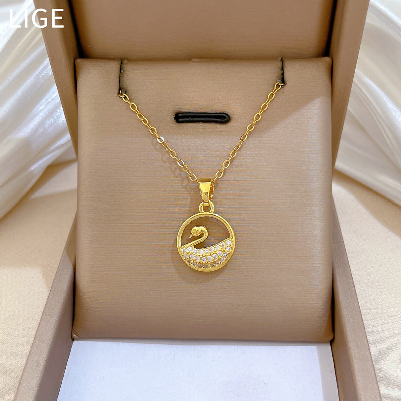 Sweet Minimalist Round Swan Rhinestone Inlay Titanium Steel Necklace for Unisex