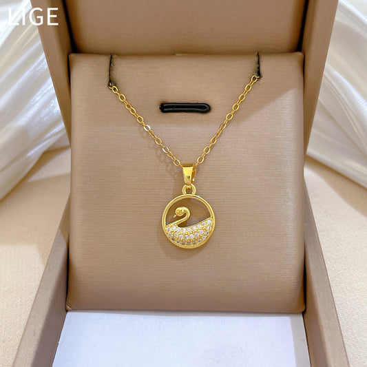 Sweet Minimalist Round Swan Rhinestone Inlay Titanium Steel Necklace for Unisex