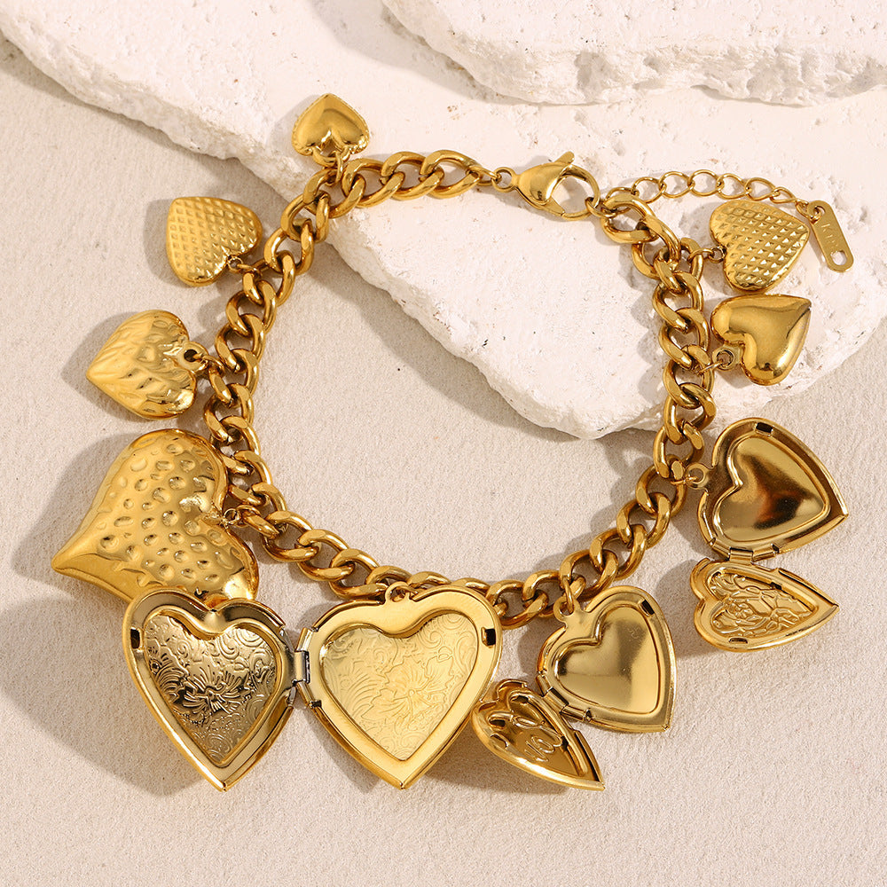 Fashionable Vintage Heart-Shaped Stainless Steel Plated 18K Gold Love Box Bracelet for Women