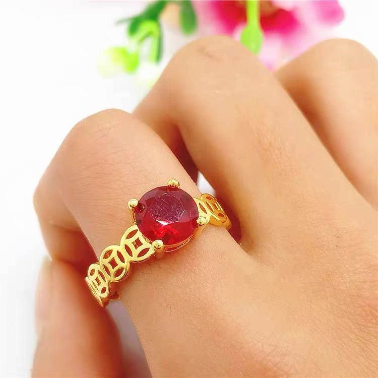 Minimalist Geometric Copper Coin Ring with Rhinestone Inlay and Gold Plating Adjustable Open Band for Women