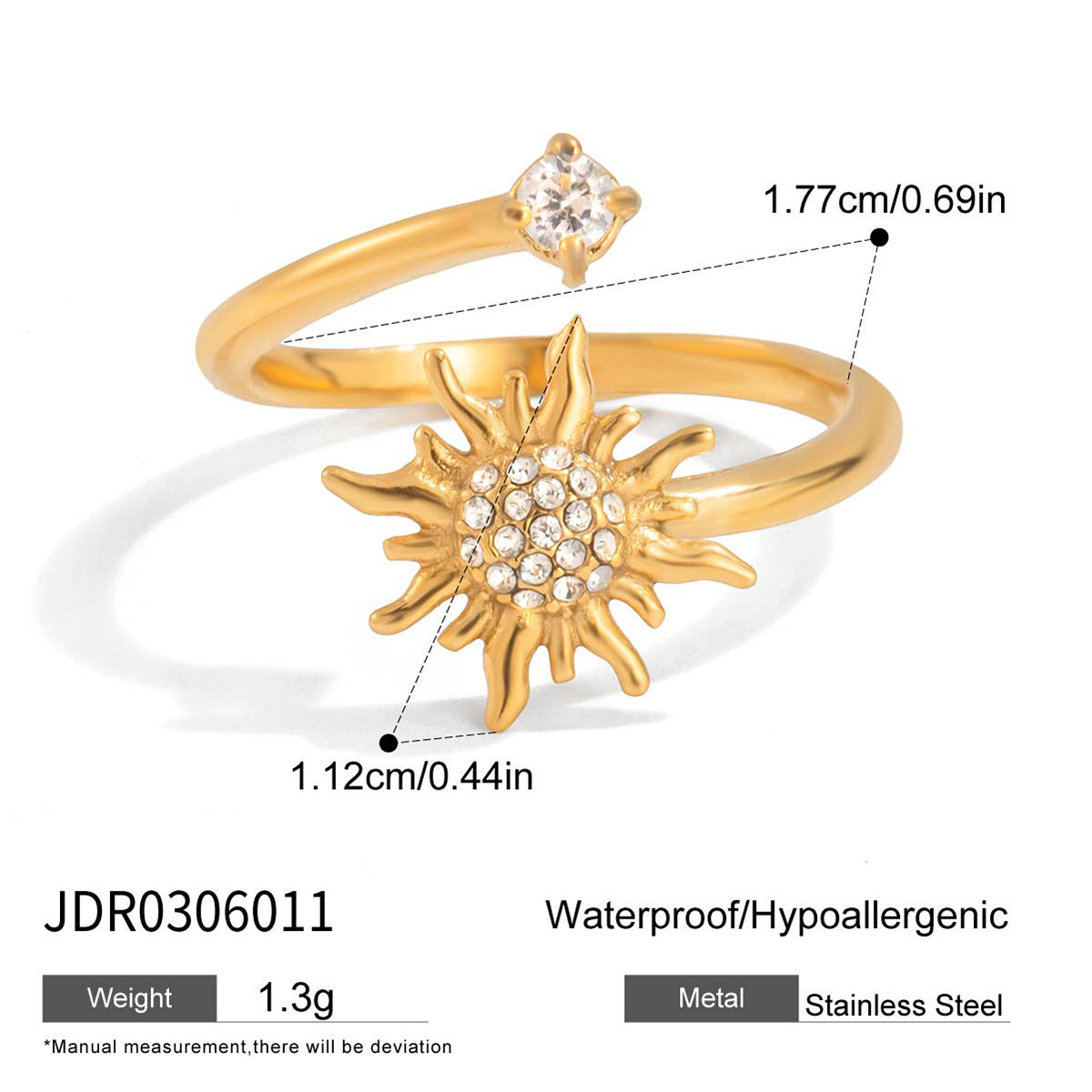 Anello da donna in acciaio al titanio placcato con motivo a sole geometrico e zirconi
