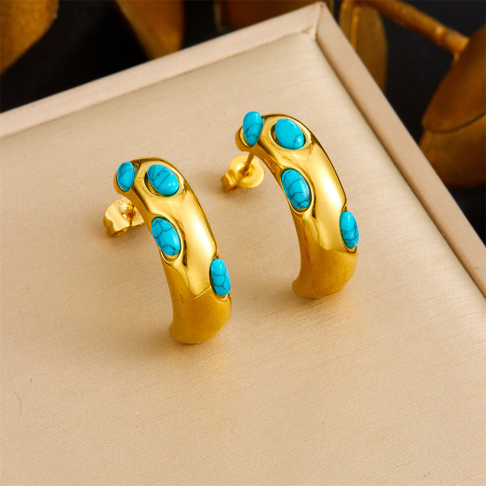 Vintage Gold Plated Heart Teardrop Stainless Steel Necklace and Earring Set with Turquoise and Pearl on Snake Chain for Women