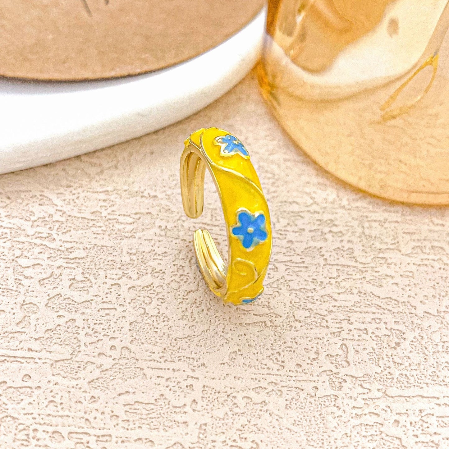 Sweet Floral Enamel Plated Alloy Ring for Women