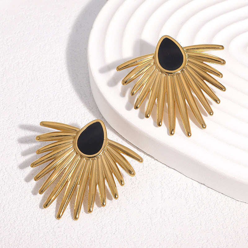 Fashion Geometric Fan Shape Stainless Steel Earrings with 18K Gold Plating and Enamel Drop Oil Finish for Women