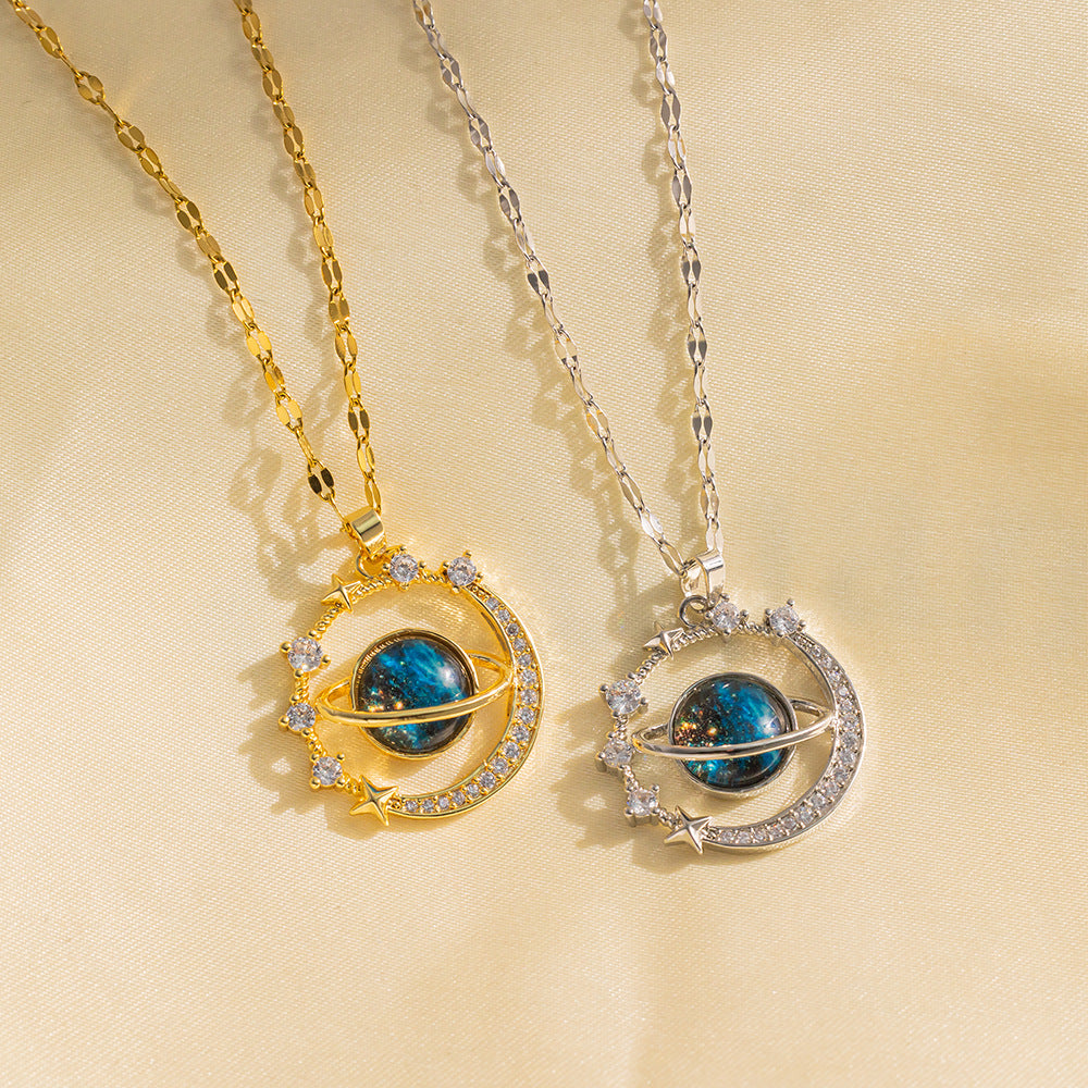 Light Luxury Geometric Starry Sky Pendant Necklace for Women Titanium Steel with Rhinestone Inlay O-Chain