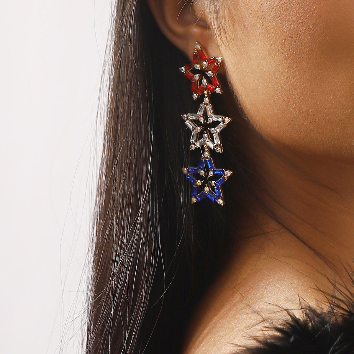 Pendientes de Esmalte Geométricos Adornados con Pedrería en Azul Blanco Rojo para Mujer