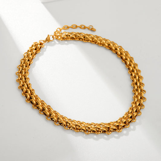 Collar de cadena de reloj chapado en oro de 18 quilates de acero de titanio geométrico tejido a mano para mujer