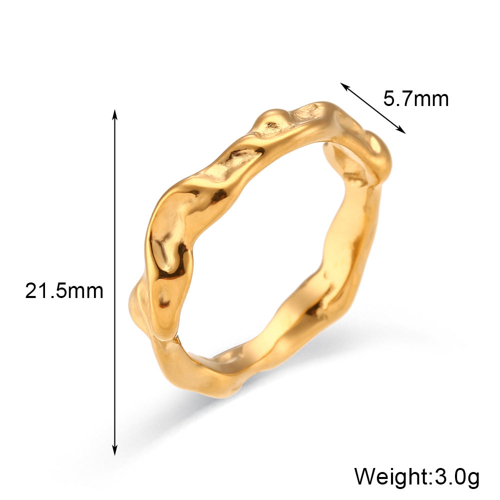 Minimalist Geometric Stainless Steel Gold-Plated Irregular Surface Ring for Women