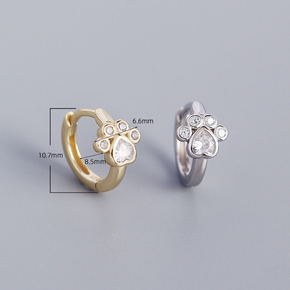 Sweet 925 Sterling Silver Inlaid Diamond Cat Paw Hoop Earrings