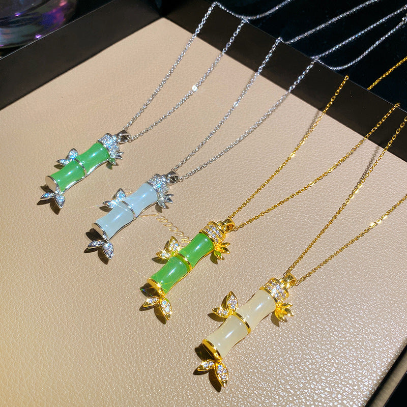 Minimalist Sweet Sporty Full Cubic Zirconia Bamboo Heart Titanium Steel Plated Necklace with Brass Pendant Cable Chain Unisex