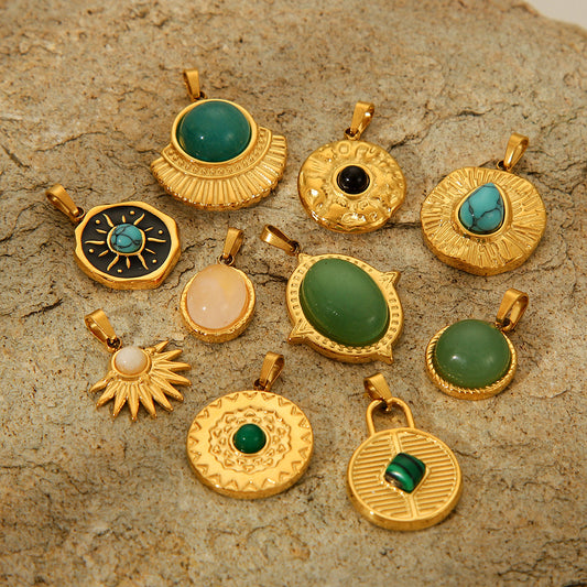 Barra con colgante de lujo vintage, geométrica redonda, ovalada, de acero titanio, acero inoxidable chapado e incrustaciones de piedras preciosas