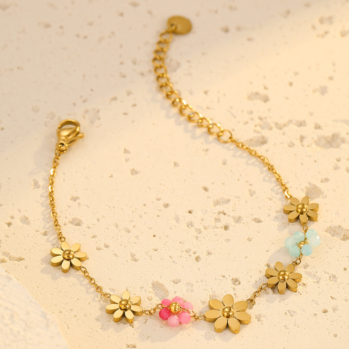 Fashionable Women's Beaded Bracelet with Colorful Flower Charms Stainless Steel Plated for Elegant Casual Wear