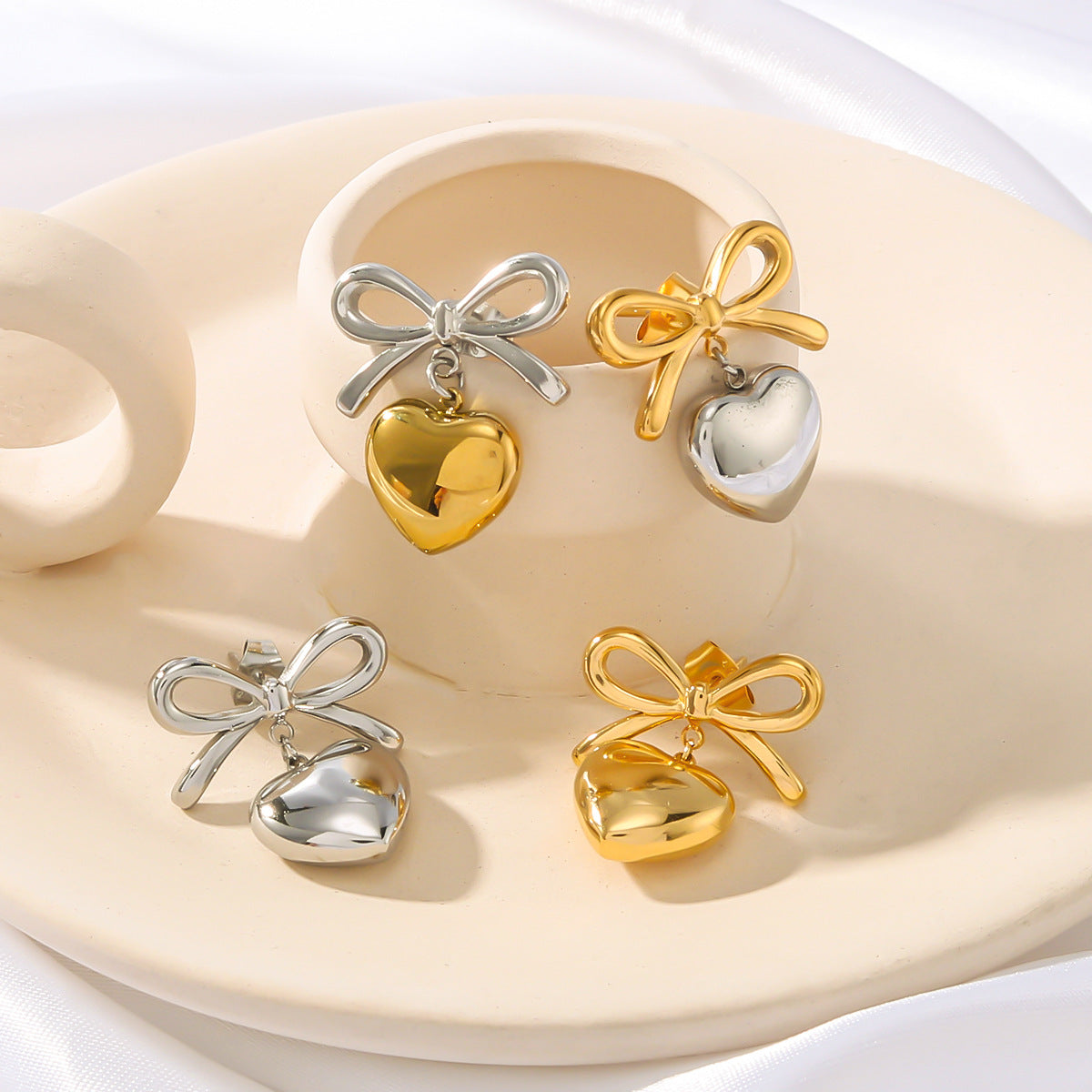 Minimalist Heart and Bow-Shaped Titanium Steel Earrings with 18K Gold Plating for Women