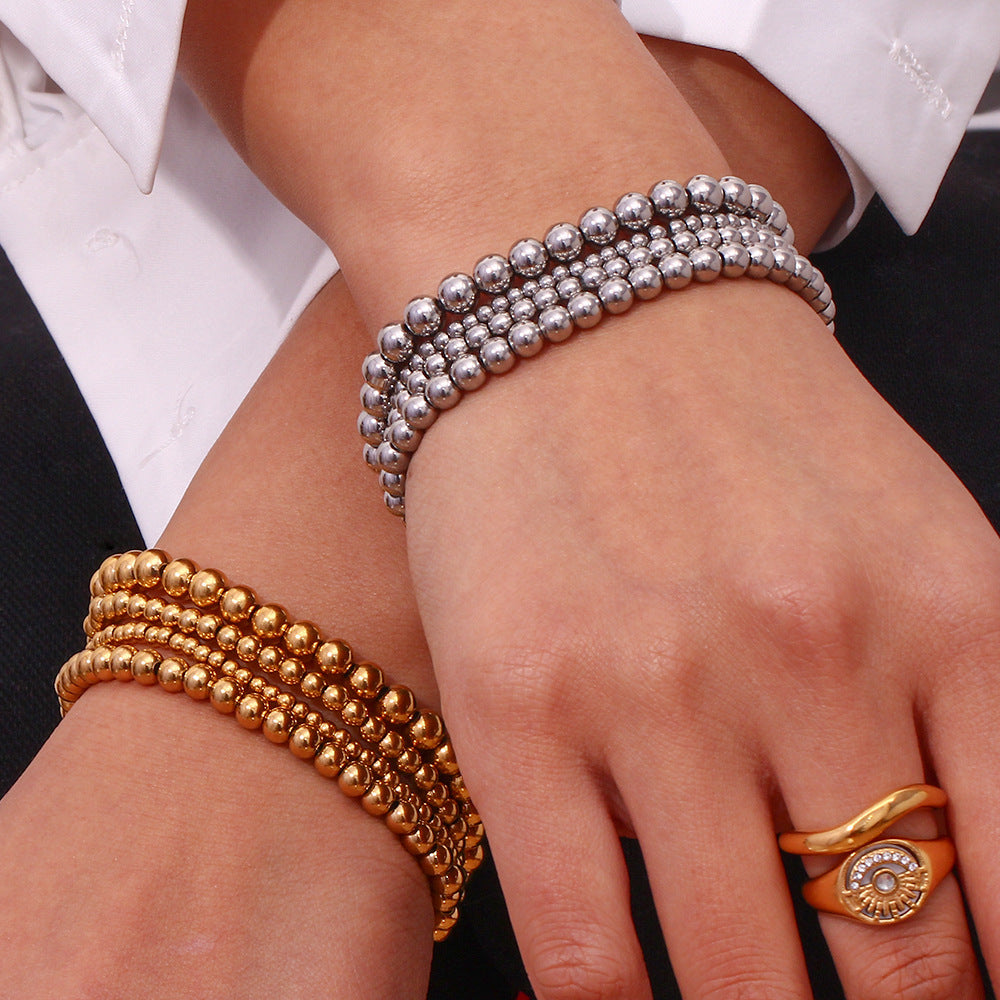 Pulsera elástica de cuentas de acero inoxidable chapada en oro de 18 quilates con diseño geométrico minimalista para mujer
