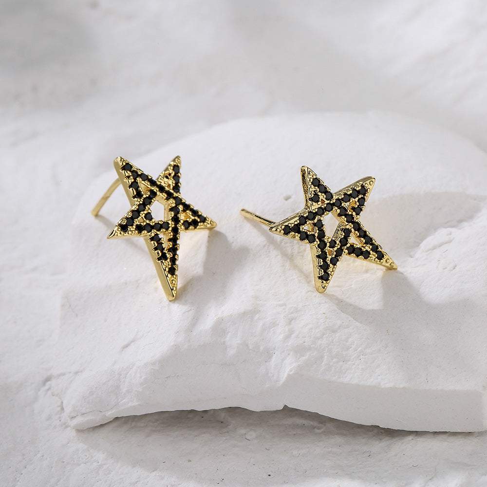 Minimalist Geometric Star Stud Earrings for Women in Copper with 18K Gold Plating and Zircon Inlay