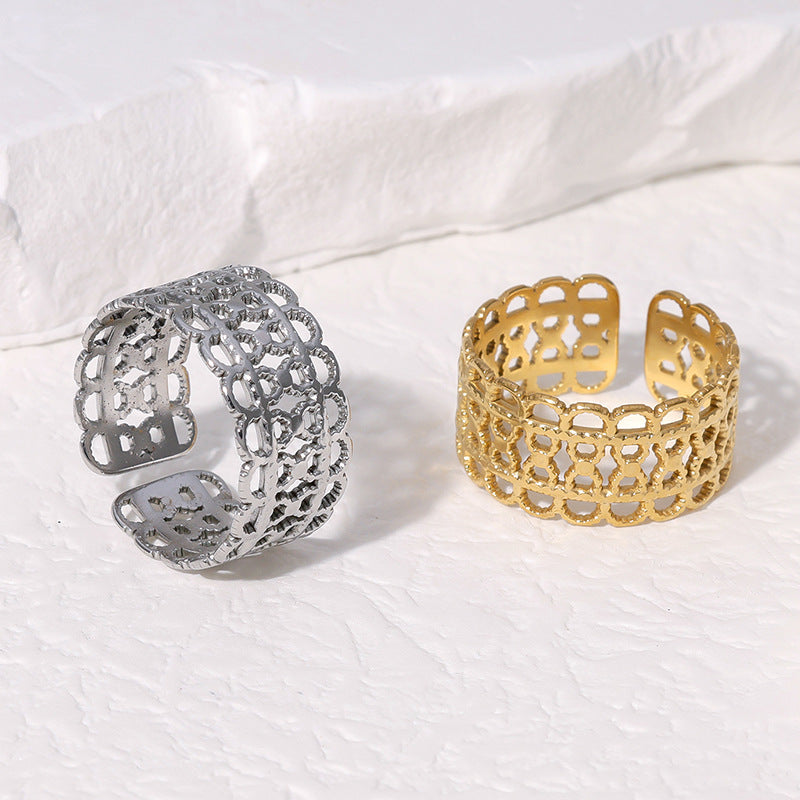 Vintage Geometric Hollow-Out Titanium Steel Ring for Women with Gold Plating and Adjustable Open Band