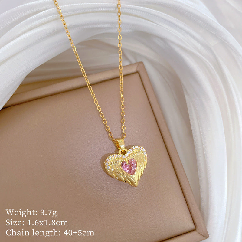 Pink Heart-Shaped Titanium Steel Pendant Necklace with Copper Inlay and Rhinestone Accents, Minimalist Locket Chain for Women and Men