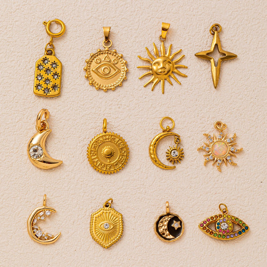 Vintage Stainless Steel Star Moon Pendant Charm Bar PVD 18K Gold Plated