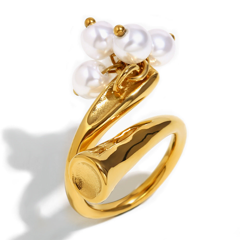 Fashion Geometric Stainless Steel Ring with 18K Gold Plating and Pearl Tassel for Women