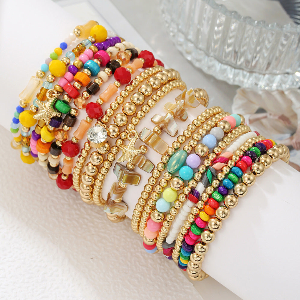 Bohemian Handmade Geometric Round Wood Glass Resin Beaded Bracelet Set for Women