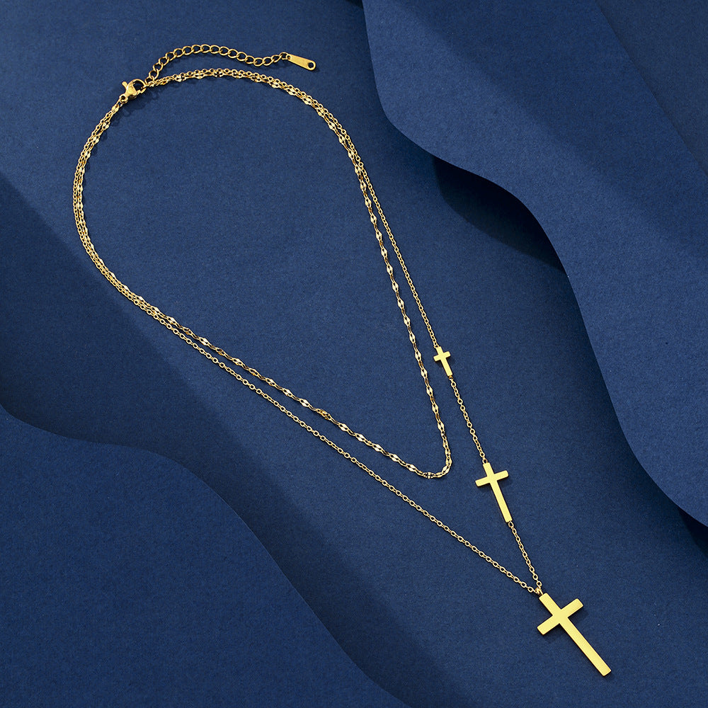 Elegante Collar de Acero de Titanio con Colgante de Cruz para Mujer con Baño de Oro de 18K, Cadena Doble O y Diseño Geométrico