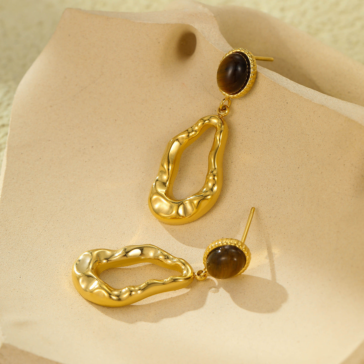 Aretes de Acero Inoxidable Estilo Vintage Geométricos con Ojo de Gato y Piedras Naturales Turquesa