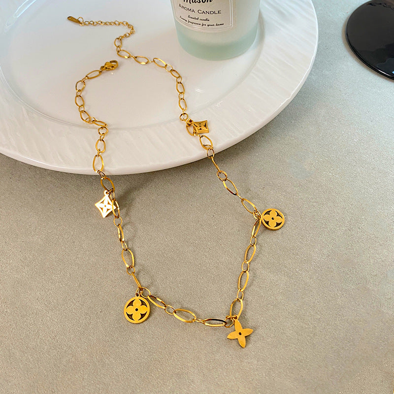 Hollow Four-Leaf Clover Floral Titanium Steel Plated Necklace Unisex