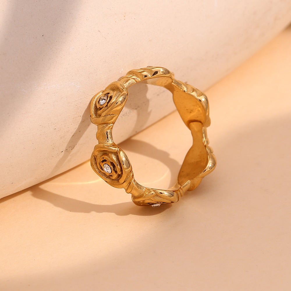 Vintage Fashion Geometric Rose Stainless Steel 18K Gold Plated Ring for Women