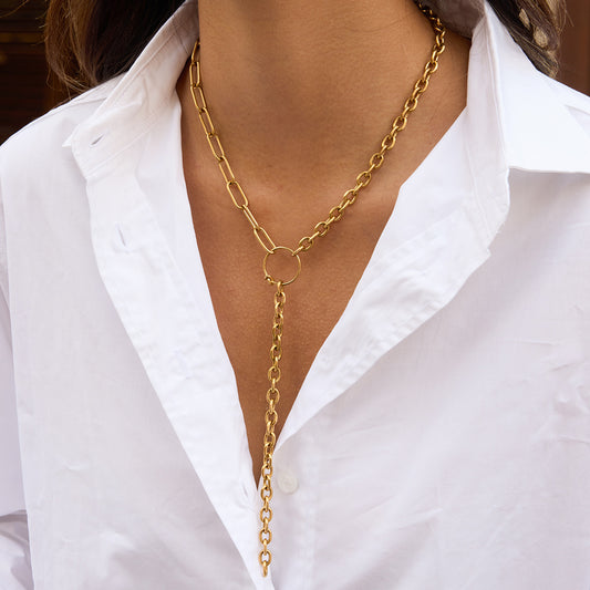 Collana a Y geometrica da donna in acciaio inossidabile placcato oro 18K, stile lusso leggero