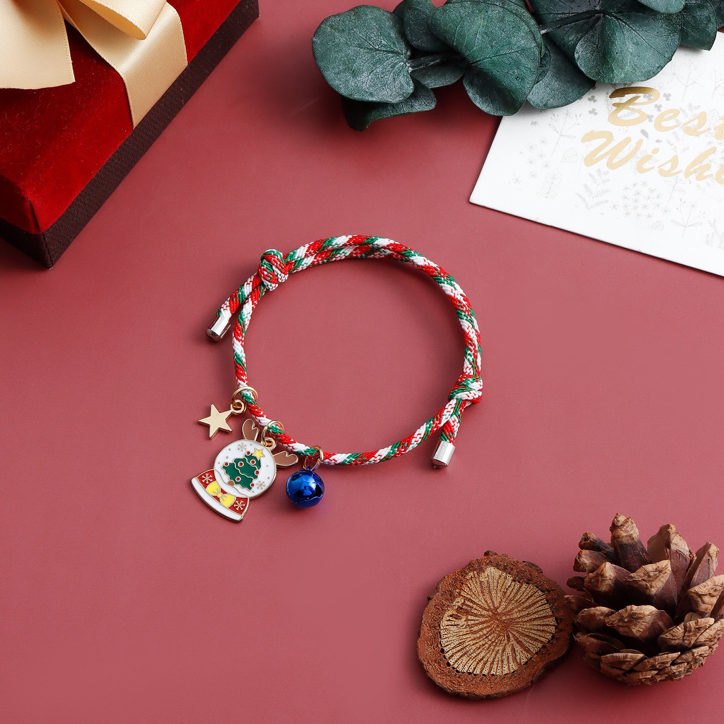 Minimalist Geometric Star and Bell Charm Bracelet with Woven Cord and Plated Finish for Christmas and Anniversary Gifting
