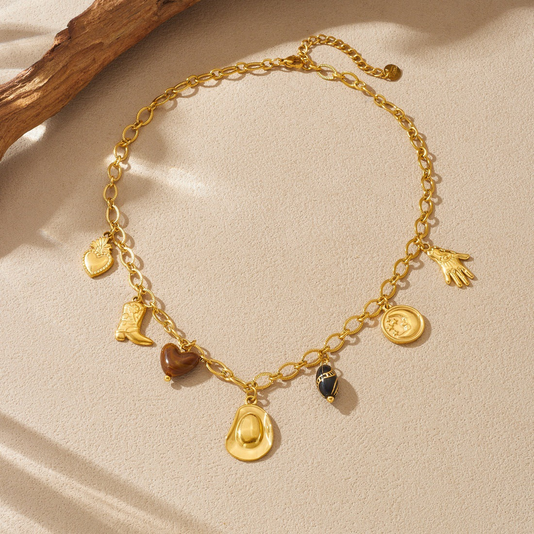 Vintage Gold Plated Stainless Steel Cowboy Hat Boot Round Moon Pendant Necklace for Women