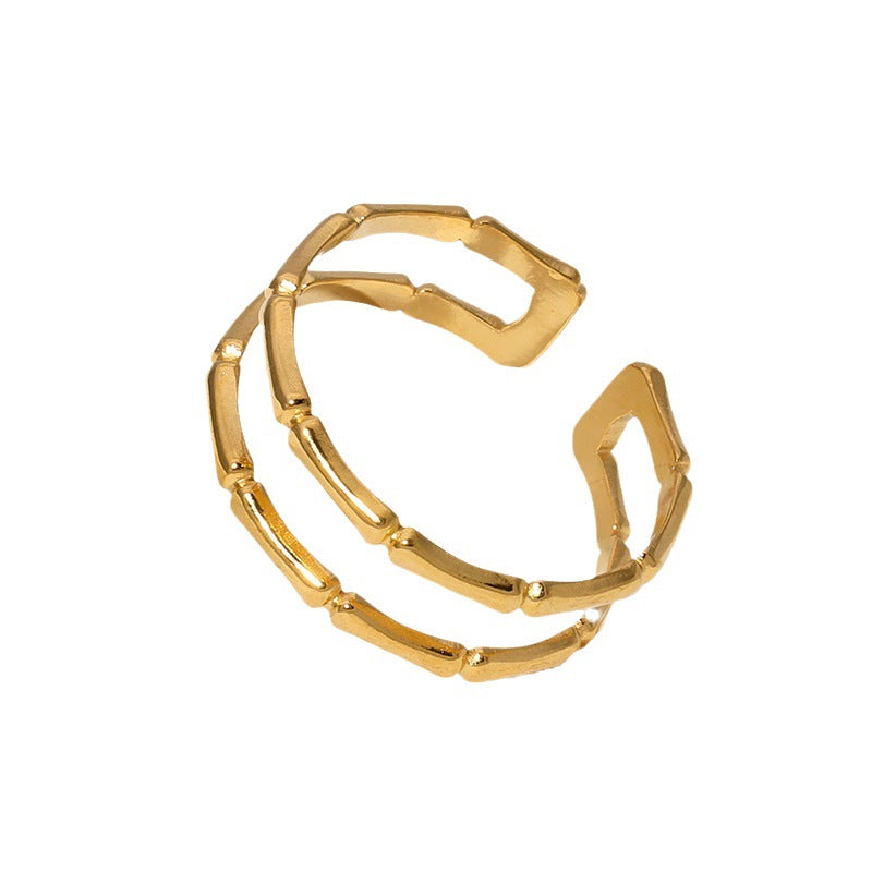 Anillo minimalista de bambú en acero inoxidable con acabado chapado, banda abierta ajustable para mujer