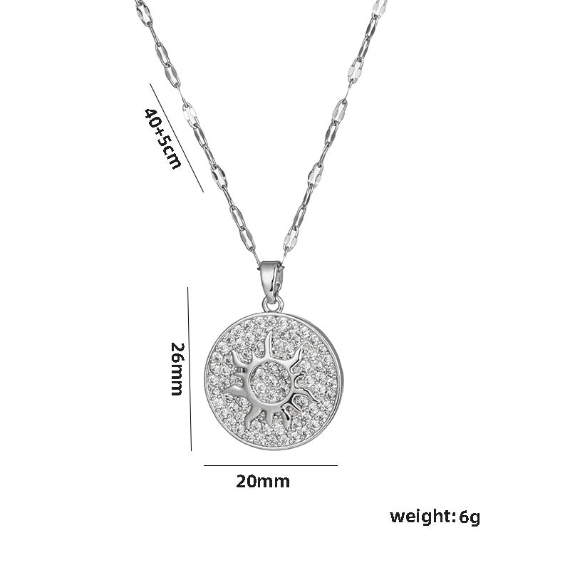 Collar con colgante de disco solar, minimalista y lujoso, para mujer, de acero de titanio con acabado galvanizado y cadena ondulada